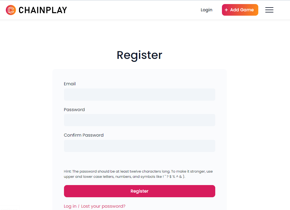 ChainPlay Register page