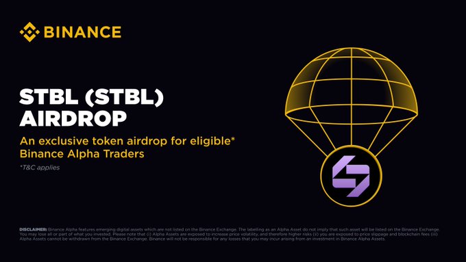 A black background with the Binance logo in the top left corner, featuring a yellow and white design. A large parachute graphic with a globe design and a purple and yellow STBL logo attached. Text reading "STBL (STBL) AIRDROP" in white, "An exclusive token airdrop for eligible Binance Alpha Traders" in smaller white text, and additional smaller text at the bottom in white.