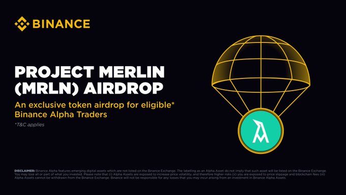 A black background with a yellow and white Binance logo in the top left corner. A large yellow and white parachute graphic with a globe design and a circular emblem featuring a stylized "M" in the center. Text in yellow and white reads "PROJECT MERLIN (MRLN) AIRDROP" and "An exclusive token airdrop for eligible Binance Alpha Traders" with additional smaller text in white.